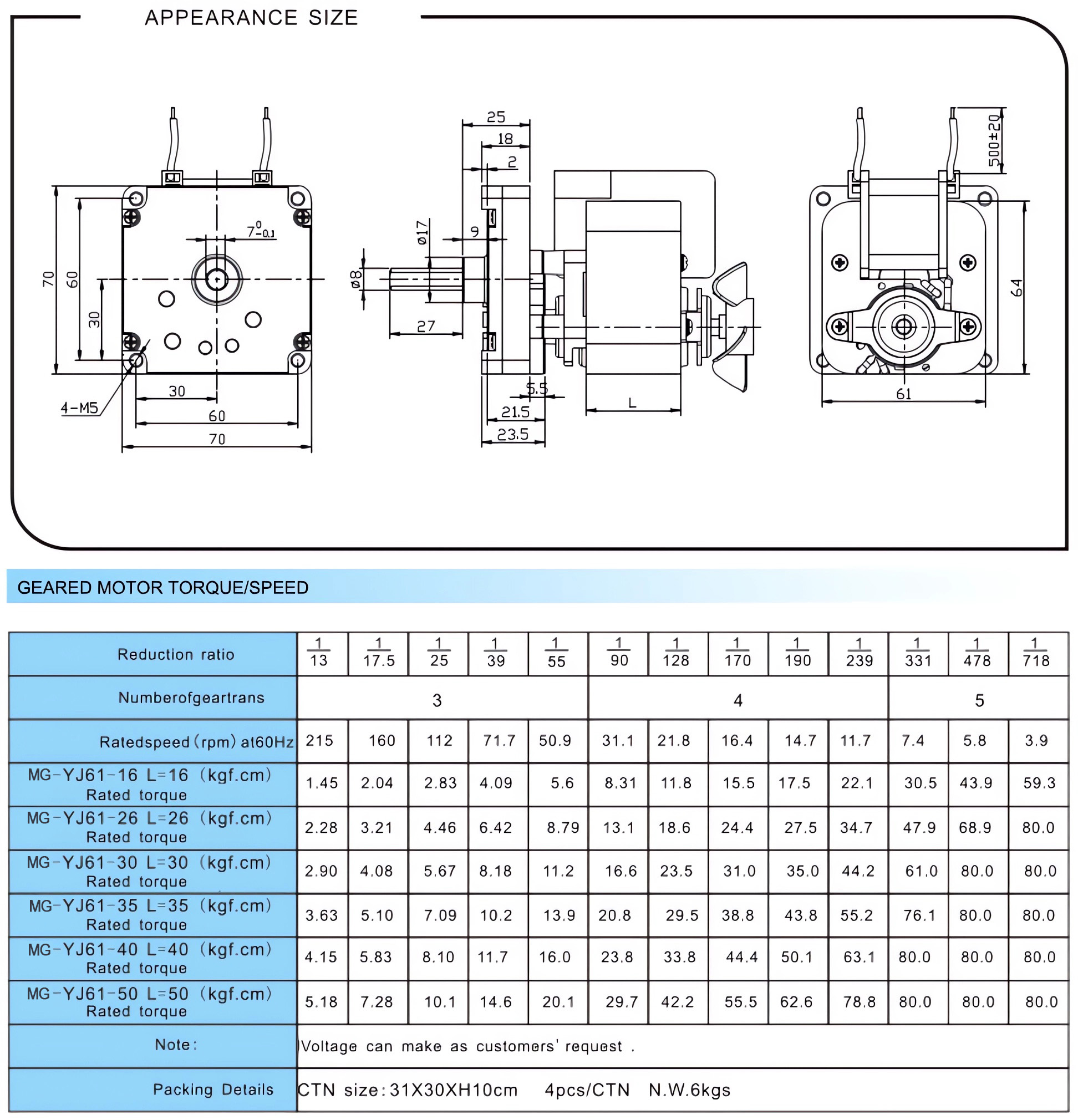 Spaltpol Getriebemotor MG-YJ61, einphasig, AC 110/220V, &Uuml;bersetzung 13:1 - 718:1 Stirnradgetriebe