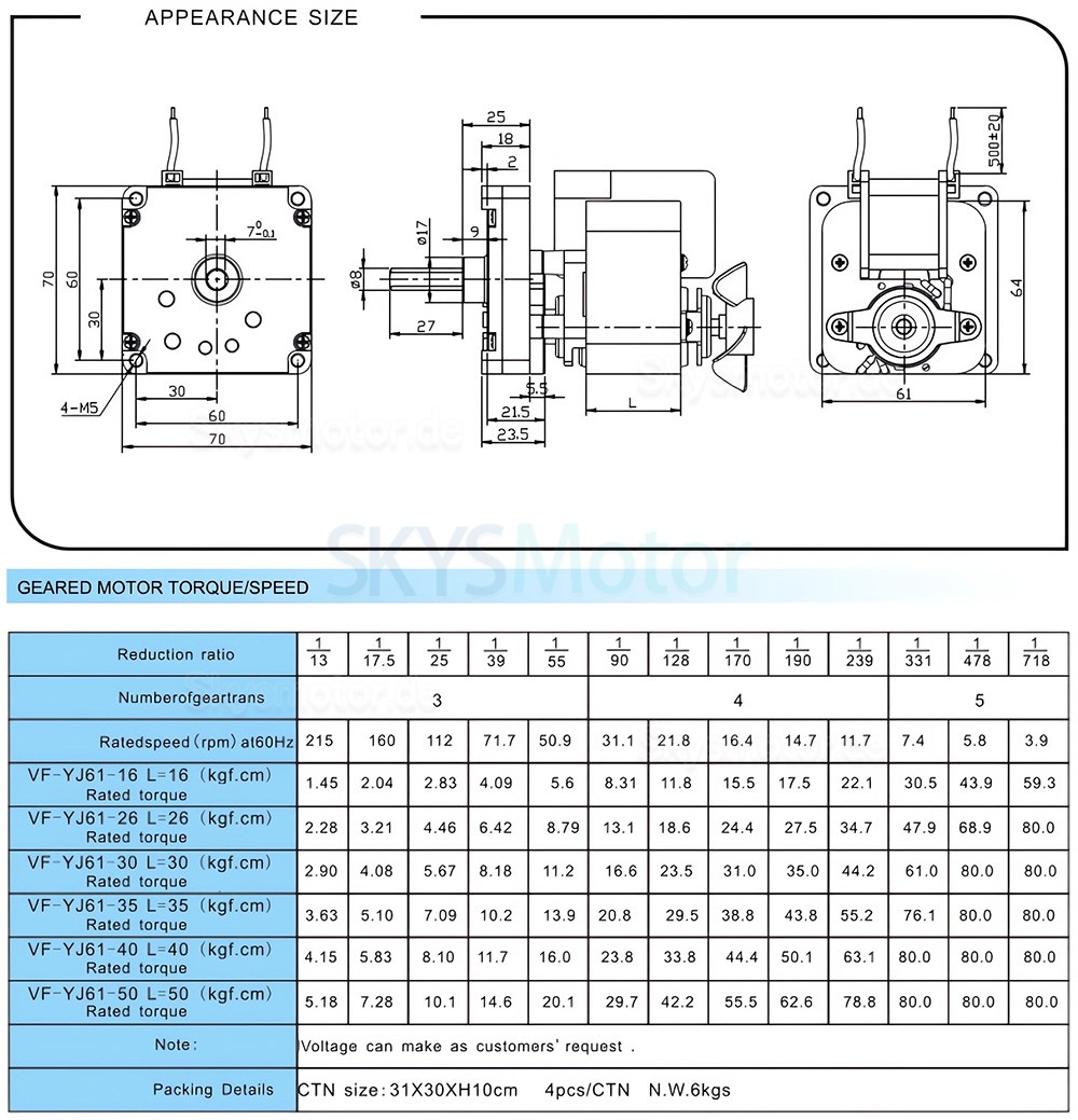 Spaltpol Getriebemotor MG-YJ61, einphasig, AC 110/220V, &Uuml;bersetzung 13:1 - 718:1 Stirnradgetriebe