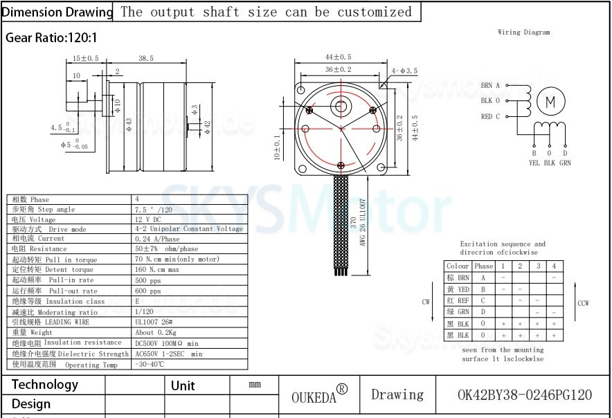 Oukeda Permanentmagnet Getriebe Schrittmotor 7,5 Grad 24V 4 Phasen mit 10:1/30:1/50:1/75:1/120:1 Getriebe