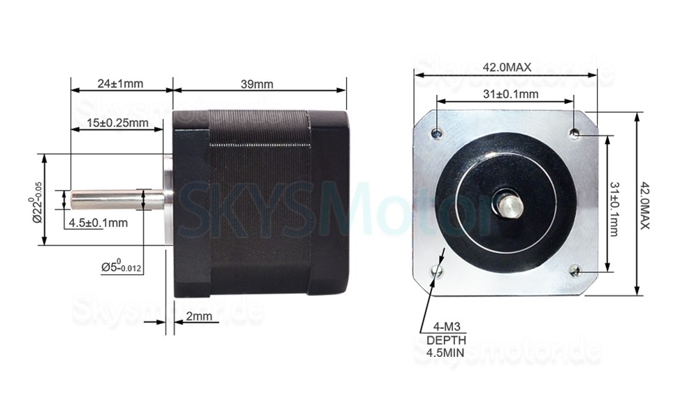 Nema 17 Schrittmotor 17HS15-1504S-X1 45Ncm 12V 1,5A 4 Drähte mit 1m Kabel und Stecker