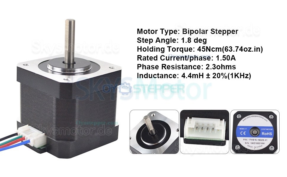 Nema 17 Schrittmotor 17HS15-1504S-X1 45Ncm 12V 1,5A 4 Drähte mit 1m Kabel und Stecker