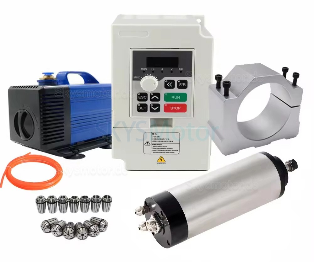 1,5kW 110V/220V Wassergek&uuml;hlter Spindelmotor Bausatz huajiang1.5 + H100-1.5C2/S2 mit Frequenzumrichter + Wasserpumpe + 13 ER20-Spannzangen + Halterung