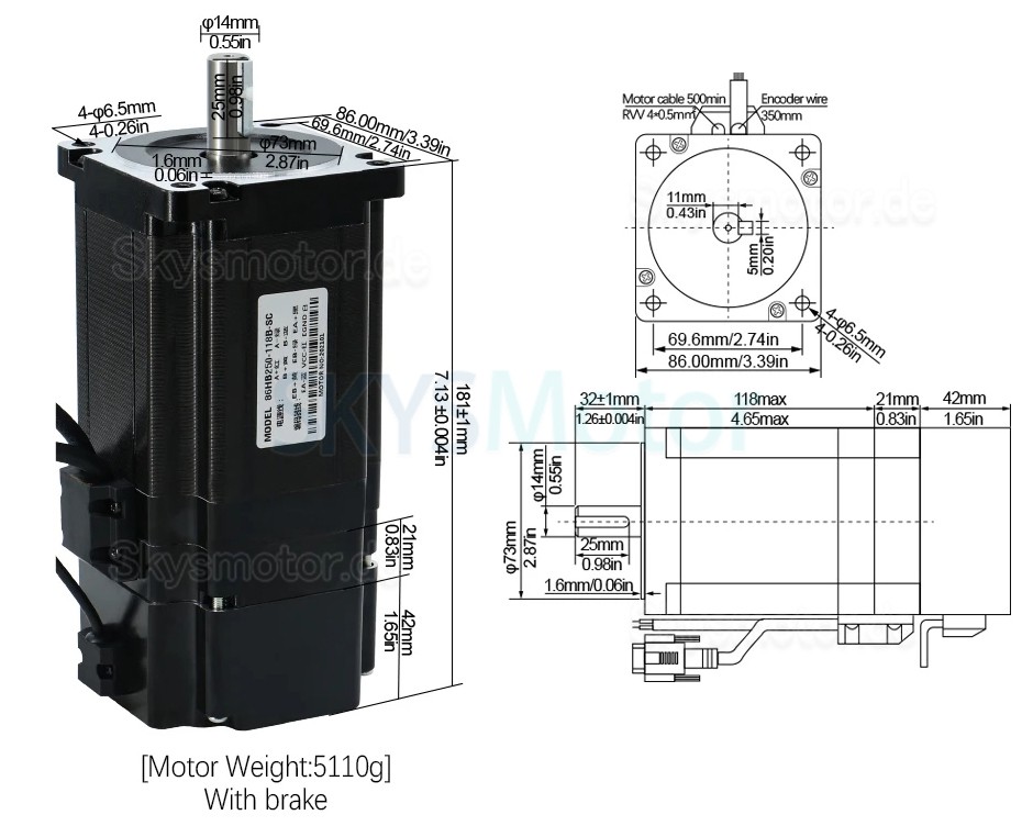Nema34 Closed Loop Schrittmotor Kit 86HB250-118B-HBS86 Brake 1,8 Grad 8N.m mit HBS86 Treiber + Bremse