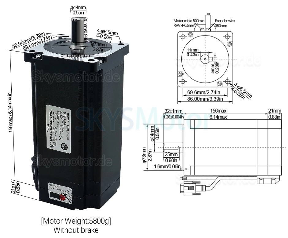 Nema34 Closed Loop Schrittmotor Kit 86HB250-156B-HBS86 (No Brake) 1,8 Grad 12N.m mit HBS86 Treiber