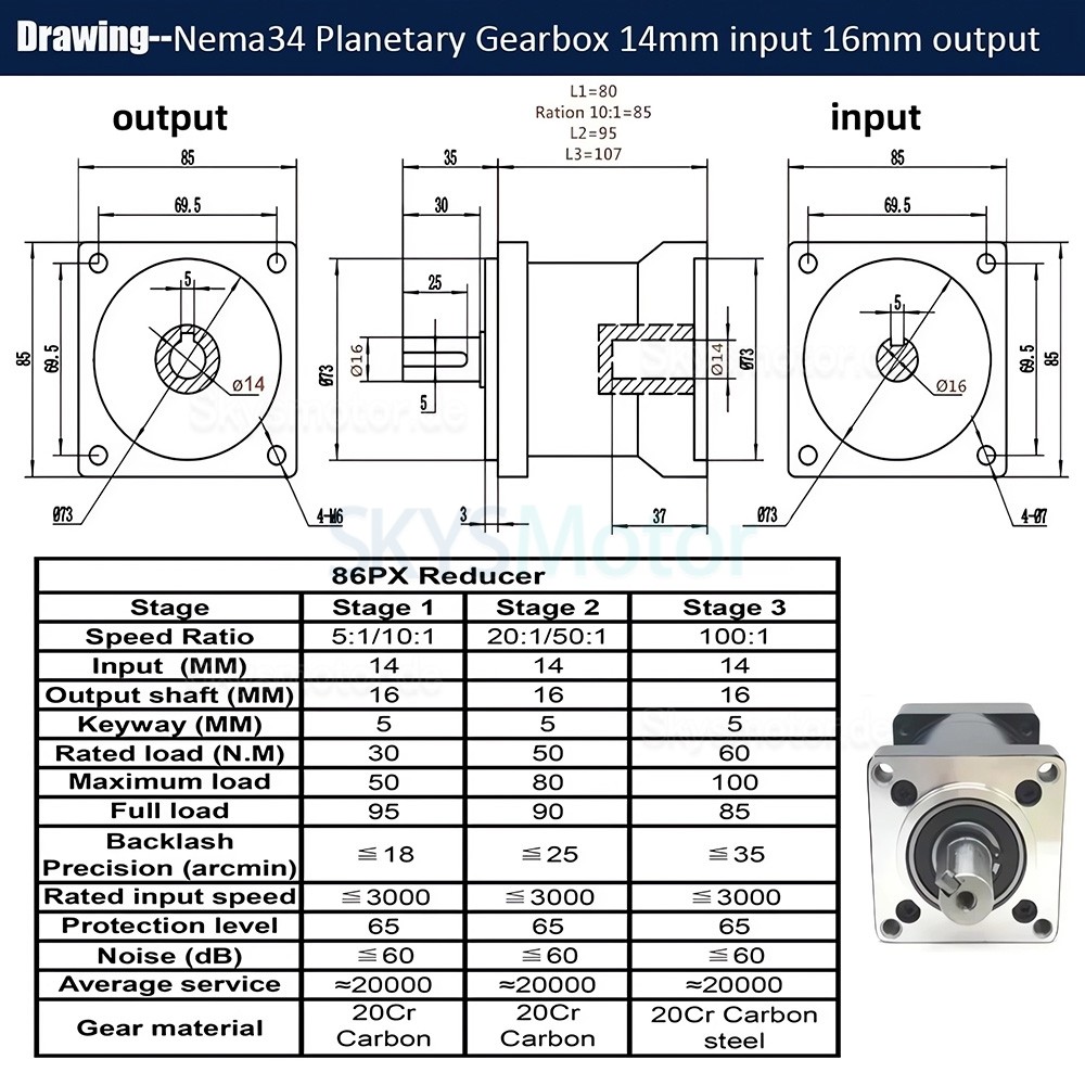 86PX-Serie Nema 34 Planetengetriebe, &Uuml;bersetzung 5:1 - 100:1 f&uuml;r 86-mm-Schrittmotoren