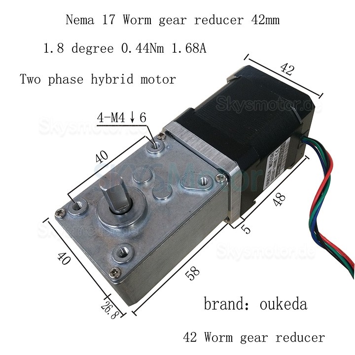 Oukeda Nema 17 Schneckengetriebe Schrittmotor mit 17:1/30:1/50:1/75:1/100:1/290:1/500:1 Schneckengetriebebox