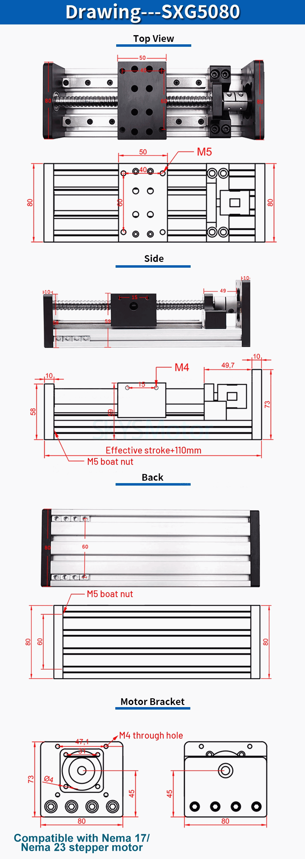 Kugelgewindetrieb Lineare Führungsschiene SXG5080-1 Linearschiene mit Schlitten für Nema 17 / Nema 23 Schrittmotoren Kugelgewindetrieb Lineare Führungsschiene SXG5080-1 Linearschiene mit Schlitten für Nema 17 / Nema 23 Schrittmotoren