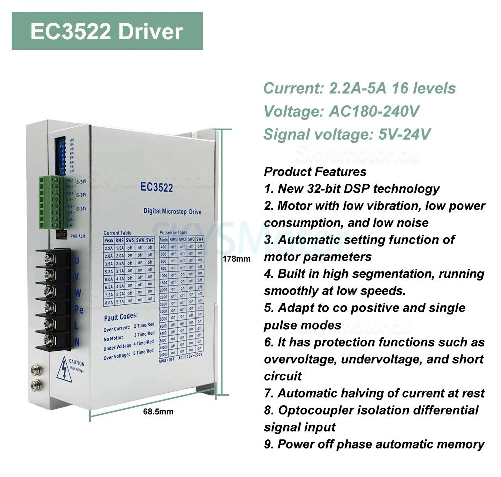 3-Phasen Schrittmotortreiber EC3522 2,2&ndash;5A 110&ndash;220V AC f&uuml;r Nema34 86mm Schrittmotor