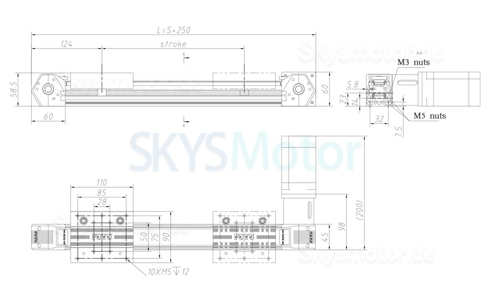 Linearführung, Linearschiene FPB45 mit Riemenantrieb, Schlitten und Nema 23 Schrittmotor