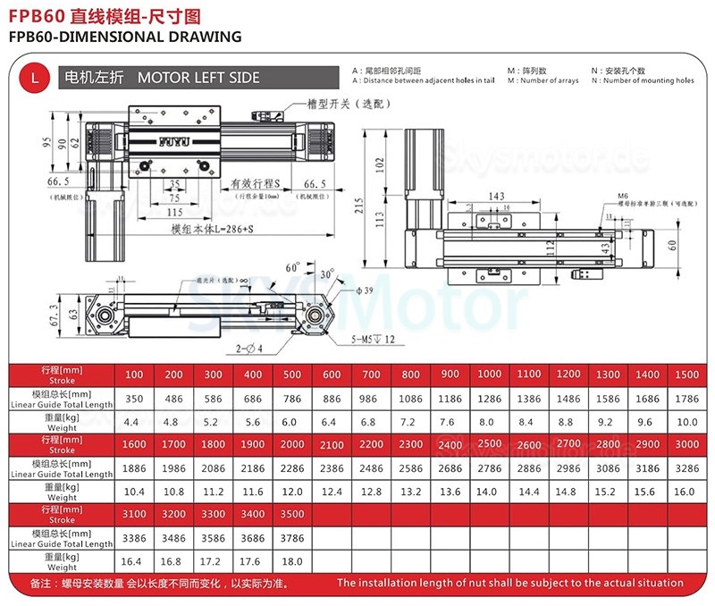 Linearführung schiene, Linearführungsschiene FPB60 mit Riemenantrieb, Schlitten und Nema 24 Schrittmotor für CNC