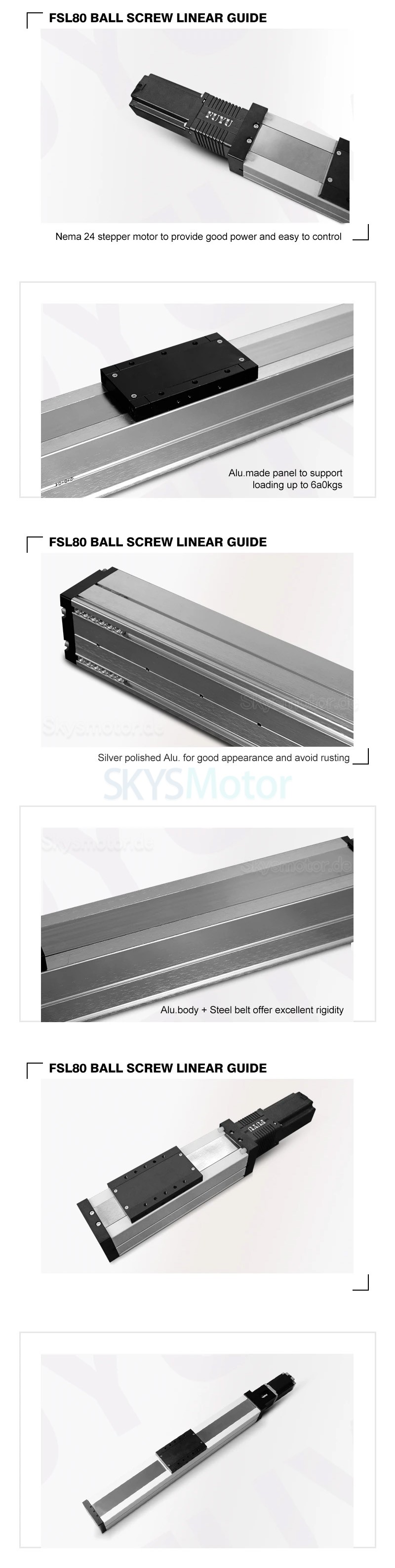 Schwerlast Linearführung, Kugelumlaufspindel Linearantribe FSL80 100–1200 mm mit Nema24 Schrittmotor