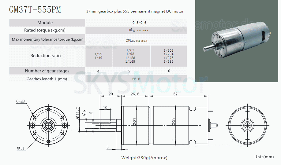 2 Stück Φ37mm 12V/24V Bürsten Stirnradgetriebemotor GM37-555 mit Verhältnis 6~810 Stirnradgetriebe