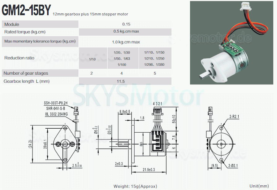 2 Stück 5V Mikro DC Schrittgetriebemotor GM12-15BY 18° 500mA 700g,cm 2 Phasen mit Untersetzung 10~380 Getriebe