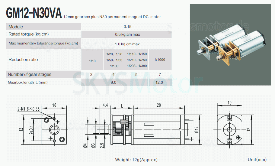 2 Stück 6V/12V Bürsten PMDC Getriebemotor GM12-N30VA mit Verhältnis 10~1000 Stirnradgetriebe