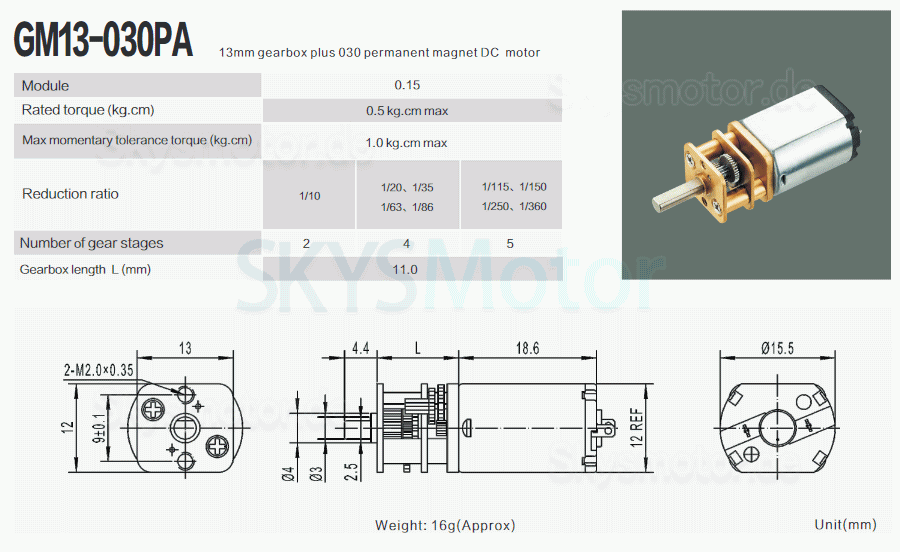 2 Stück 6V/12V Bürsten PMDC Getriebemotor GM13-030PA mit Verhältnis 3-360 Stirnradgetriebe