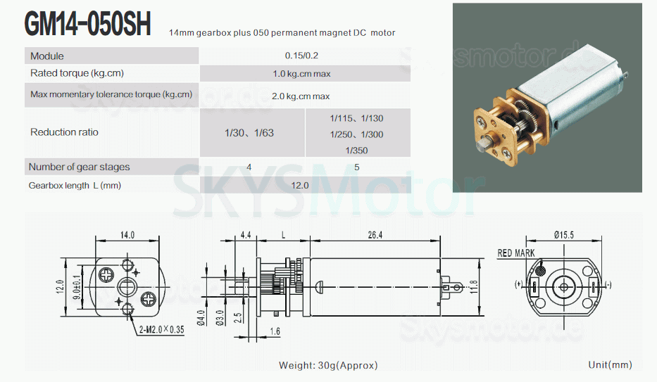 2 Stück 6V/12V Bürsten PMDC Getriebemotor GM14-050SH mit Verhältnis 3~350 Stirnradgetriebe