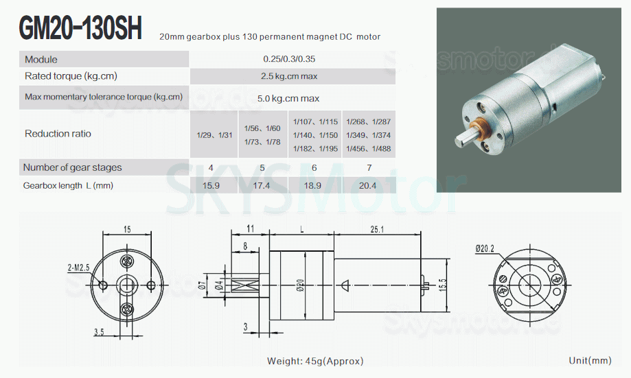2 Stück Φ20mm 6V/12V Bürsten PMDC Getriebemotor GM20-130SH mit Verhältnis 29~488 Stirnradgetriebe