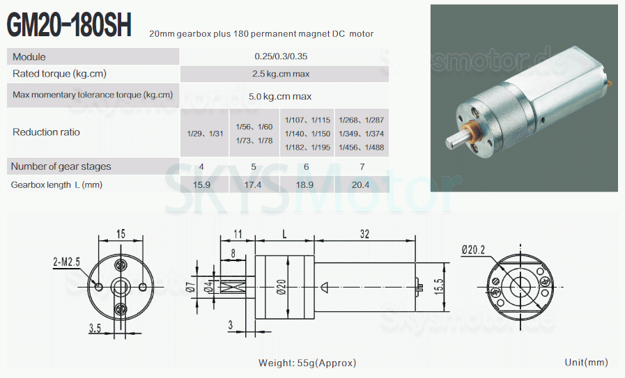 2 Stück Φ15,5mm 6V/12V Bürsten PMDC Getriebemotor GM20-180SH mit Verhältnis 29~488 Stirnradgetriebe