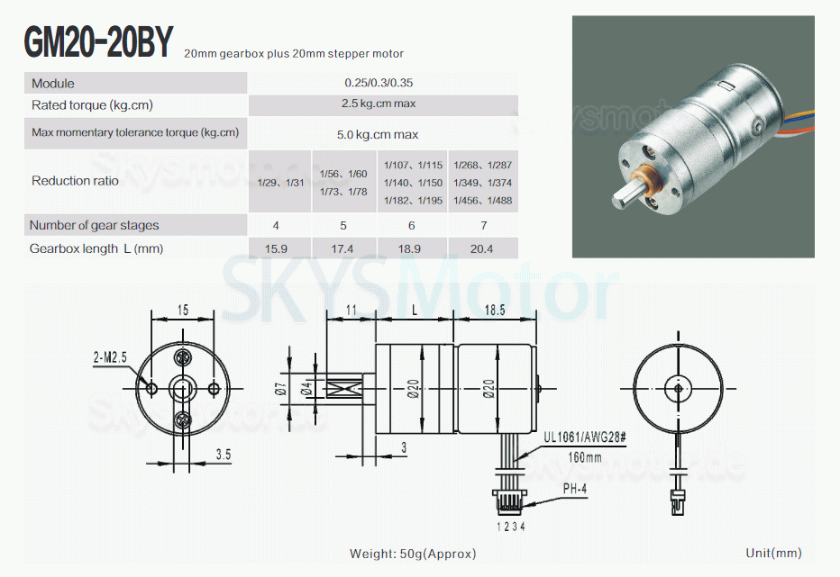 2 Stück 12V Mikro DC Schrittgetriebemotor GM20-20BY 18° 120mA 2.5kg.cm 2 Phasen mit Untersetzung 29~488 Getriebe