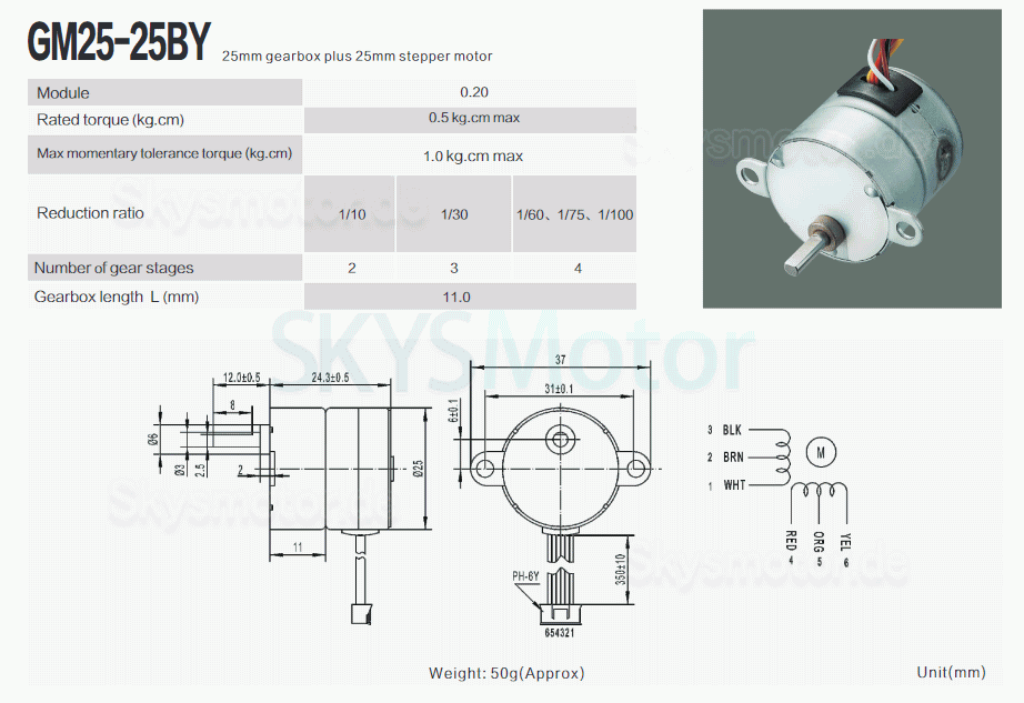 2 Stück 12V Mikro DC Schrittgetriebemotor GM25-25BY 7.5° 120mA 500g,cm 4 Phasen mit Untersetzung 10~100 Getriebe