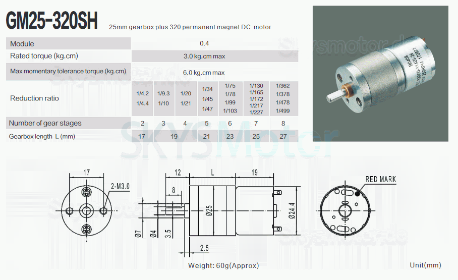 2 Stück Φ25mm 6V/12V Bürsten PMDC Getriebemotor GM25-320SH mit Verhältnis 4~499 Stirnradgetriebe