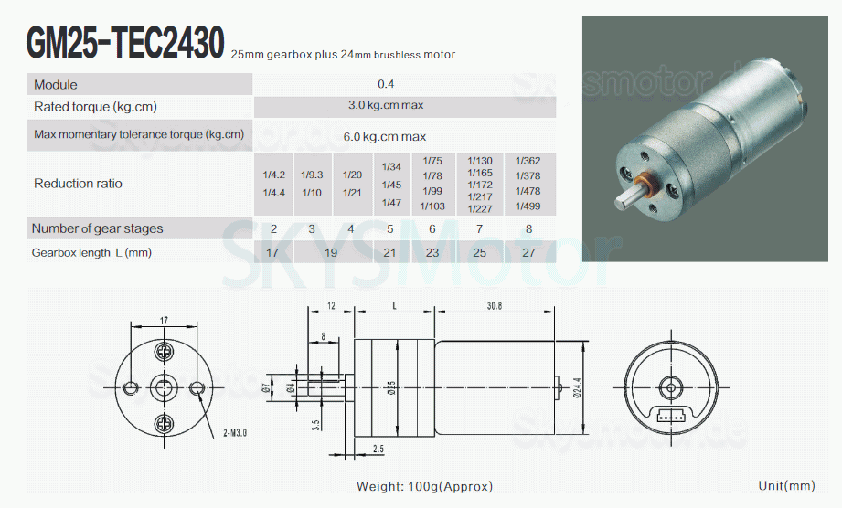 2 Stück Φ25mm 12V/24V Bürsten DC Getriebemotor GM25-TEC2430 mit Verhältnis 4~499 Stirnradgetriebe 0.2-5kg.cm