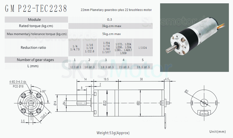 2 Stück Φ22mm 12V/24V BLDC Getriebemotor MP22-TEC2238 3,0kg.cm 3W CW/CCW mit Planetengetriebe
