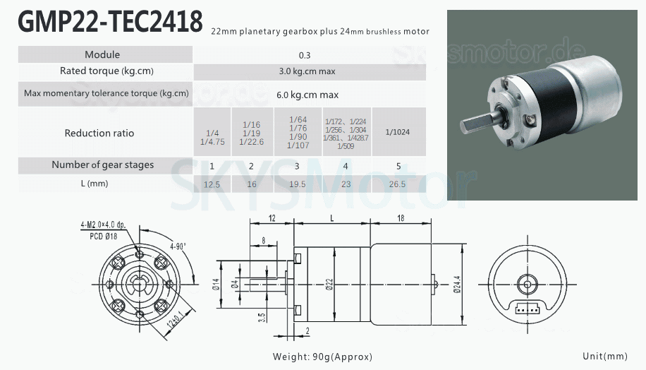 2 Stück Φ22mm 12V/24V Gleichstromgetriebemotor GMP22-TEC2418 3.0kg.cm 1.54w mit Planetengetriebe