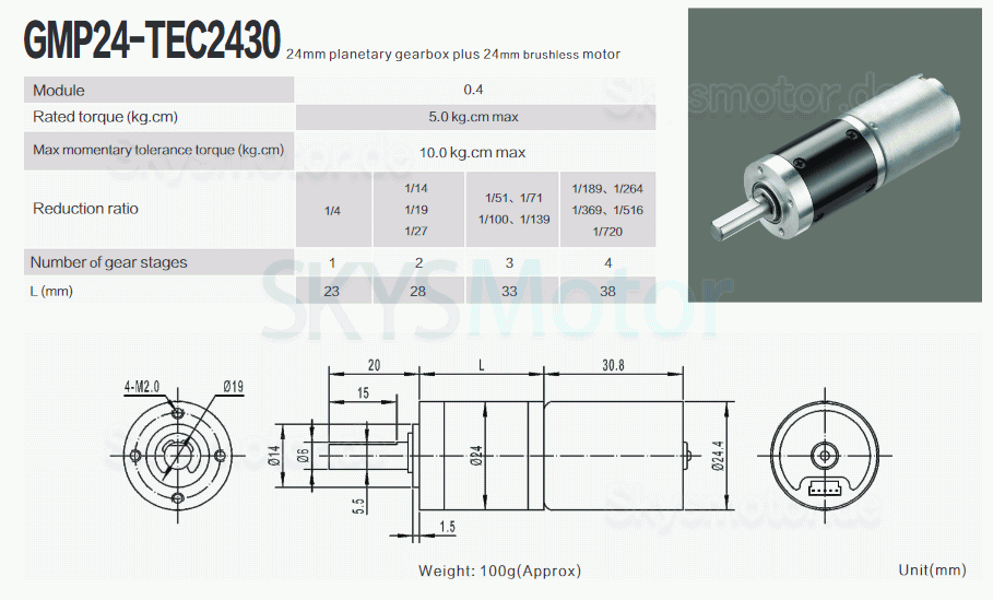 2 Stück Φ24mm 12V/24V BLDC Planetengetriebemotor GMP24-TEC2430 5,0kg.cm 2,3W mit Planetengetriebe