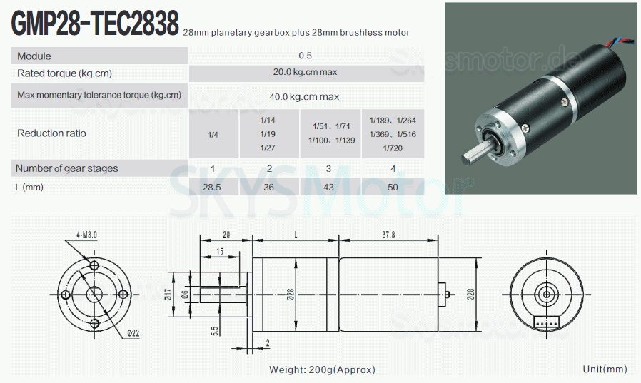 2 Stück Φ28mm 12V/24V BLDC Planetengetriebemotor GMP28-TEC2838 20kg.cm 6,6-11,5w mit Planetengetriebe