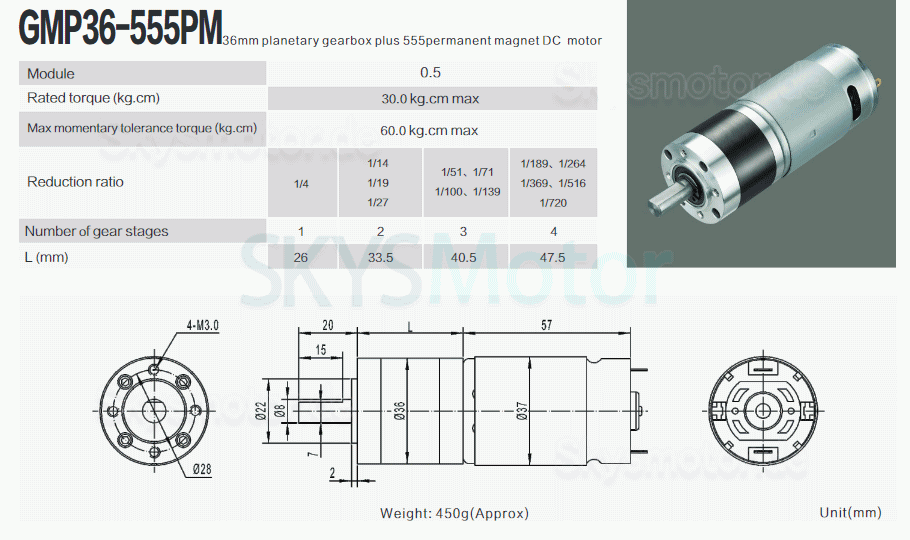 2 Stück Φ42mm 12V/24V Bürsten DC Getriebemotor PMDC Motor GMP36-555PM mit Planetengetriebe