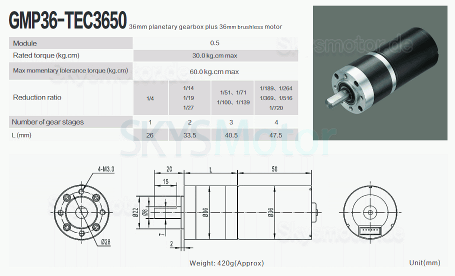 2 Stück Φ36mm 12V/24V BLDC Planetengetriebemotor GMP36-TEC3650 30kg.cm 18w mit Planetengetriebe