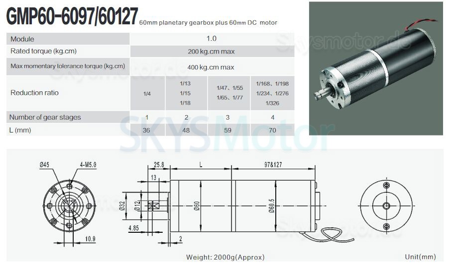 2 Stück Φ60mm 12V/24V Bürsten Planetengetriebemotor GMP60-60127 mit Verhältnis 4~326 Planetengetriebe