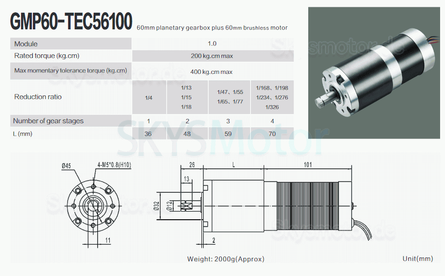 2 Stück Φ60mm 12V/24V BLDC Planetengetriebemotor GMP60-TEC56100 200kg.cm 18-132W mit Planetengetriebe