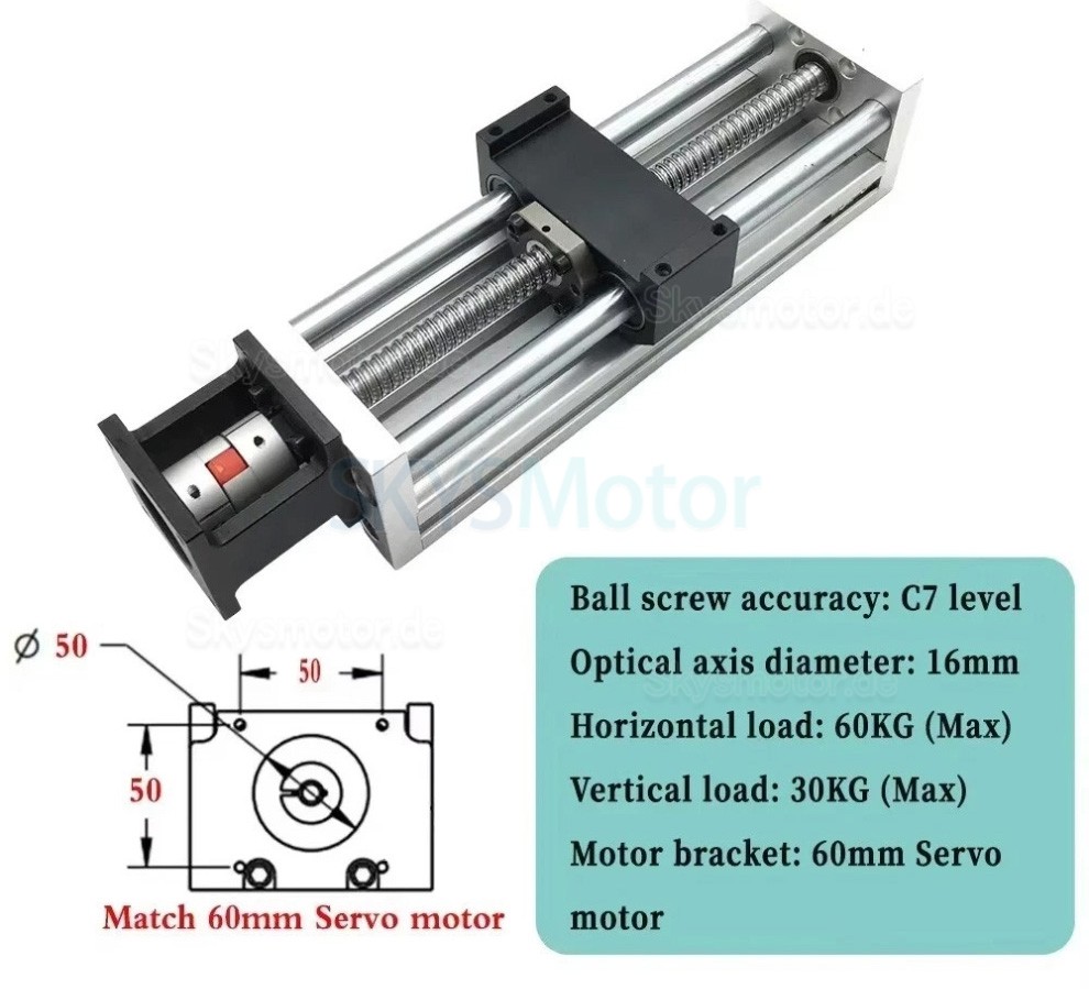 CNC Linearf&uuml;hrungsschiene OSP001610, Verfahrweg 100 mm&ndash;1000 mm, f&uuml;r NEMA 23 Schrittmotoren/60-mm-Servomotoren