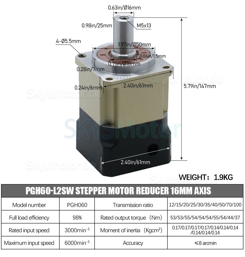 PGH60 Serie Schrägverzahntes Planetengetriebe PGH60-L2SW-Stepper, Max.Verhältnis 100:1, Verdrehspiel 8' für Nema 23,24 Schrittmotor