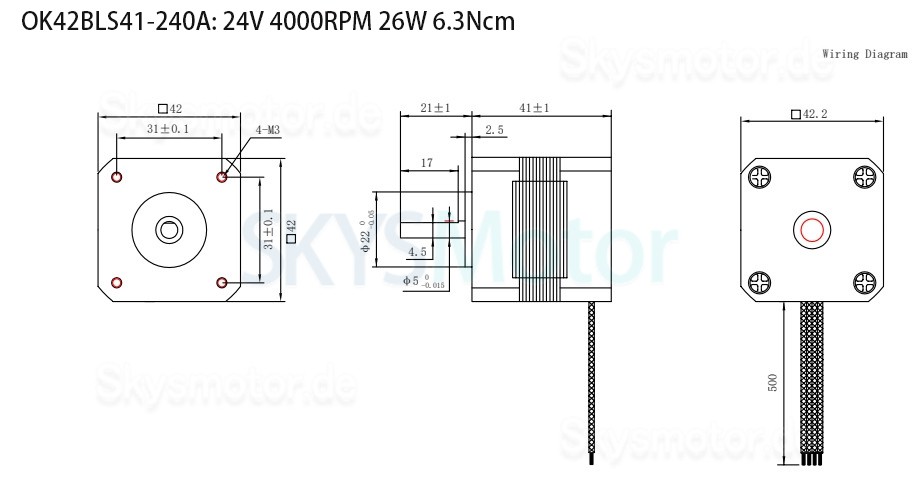 42BLS 24V Bürstenlose DC Motor OK42BLS 6,25Ncm-18,5Ncm 1500U/min/4000U/min 3 Phasen 42x42mm Passfedernut