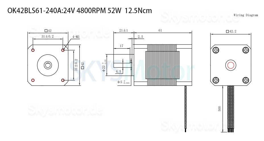 42BLS 24V Bürstenlose DC Motor OK42BLS 6,25Ncm-18,5Ncm 1500U/min/4000U/min 3 Phasen 42x42mm Passfedernut