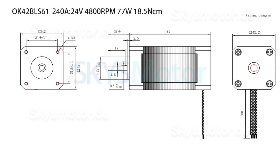 42BLS 24V Bürstenlose DC Motor OK42BLS 6,25Ncm-18,5Ncm 1500U/min/4000U/min 3 Phasen 42x42mm Passfedernut