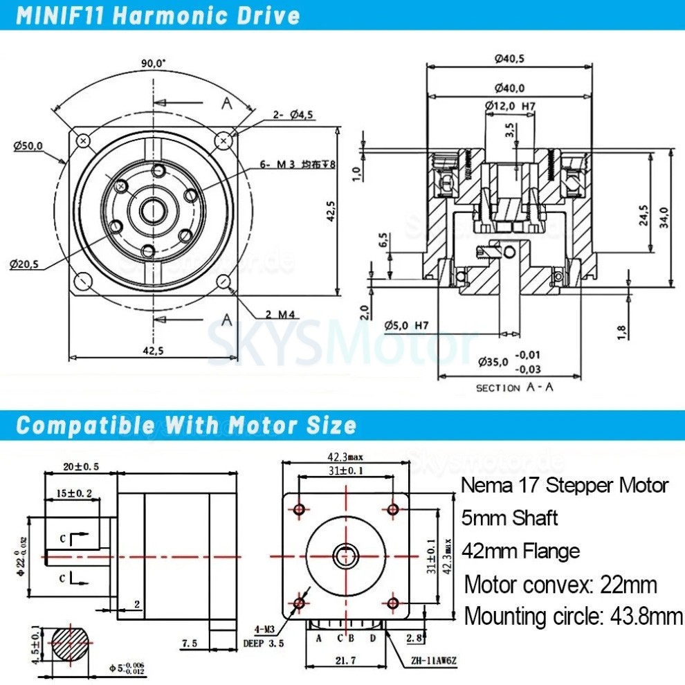 MINIS/MINIF Serie Wellgetriebe Schrittmotor mit 30:1/50:1/100:1 Wellgetriebe 