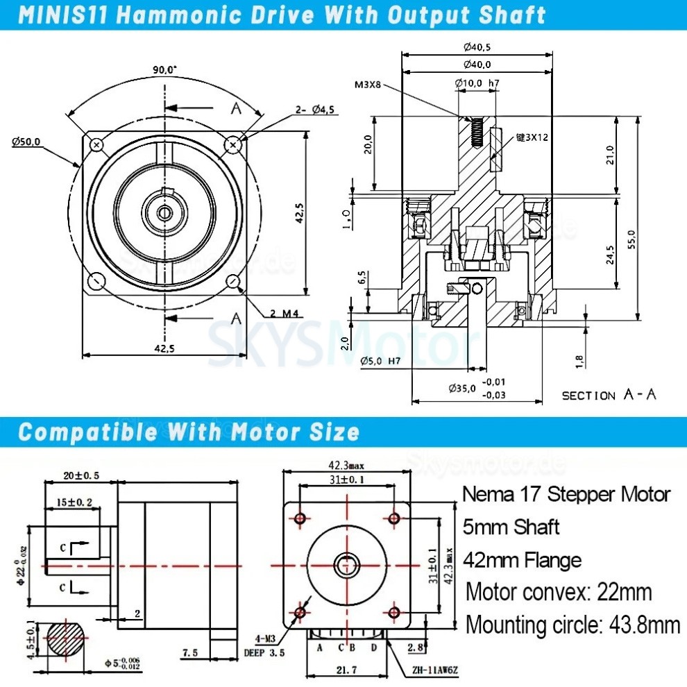 MINIS/MINIF Serie Wellgetriebe Schrittmotor mit 30:1/50:1/100:1 Wellgetriebe 