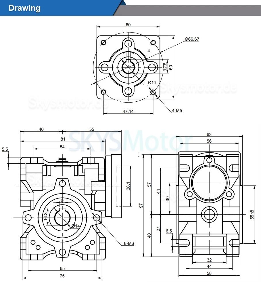 NMRV030 Schneckengetriebe Untersetzung 5:1 10:1 20:1 30:1 50:1 für Nema 23 Schritt-/Servomotor