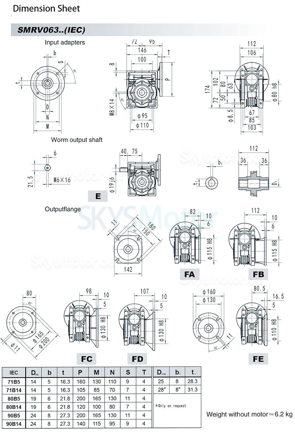 RV063 80B5/90B14 Rund Schneckengetriebe Untersetzung 7.5:1 10:1 15:1 20:1 30:1 Eingangsbohrung 19mm/24mm