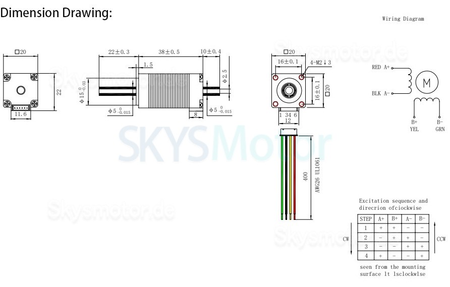 Nema 8 Hohlwellen Schrittmotor OK20HC38-22NK1 1,8° 3,13Ncm 0,6A 5,4V 2 Phasen Doppelwelle