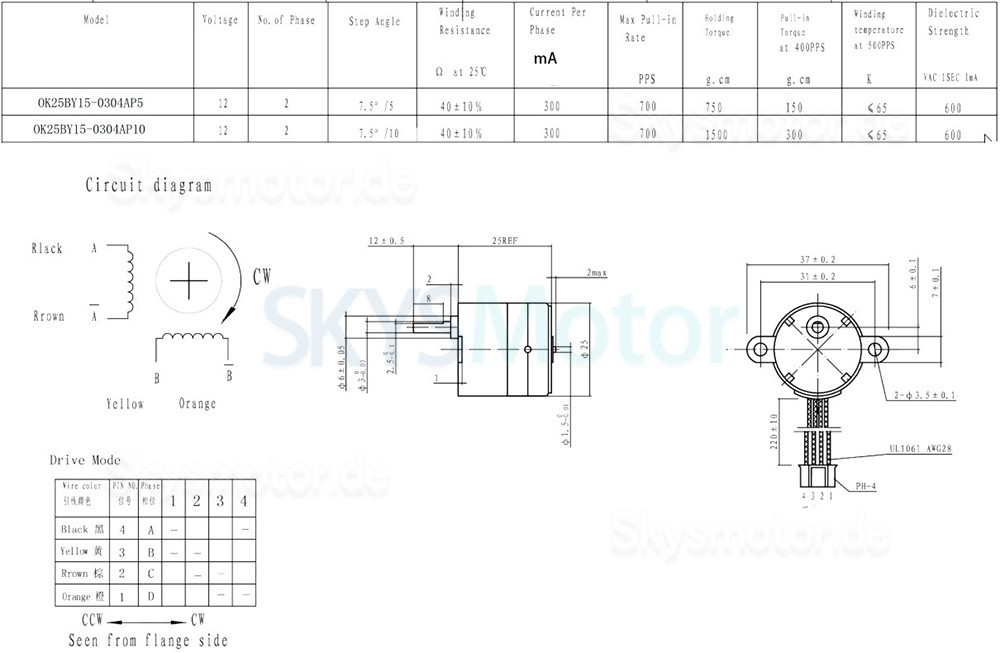 Oukeda Permanentmagnet Getriebe Schrittmotor 7,5 Grad 12V 2 Phasen Φ25 mm mit 5:1 /10:1 Getriebe