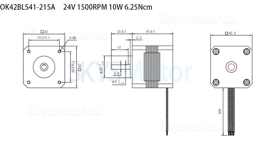 42BLS 24V Bürstenlose DC Motor OK42BLS 6,25Ncm-18,5Ncm 1500U/min/4000U/min 3 Phasen 42x42mm Passfedernut