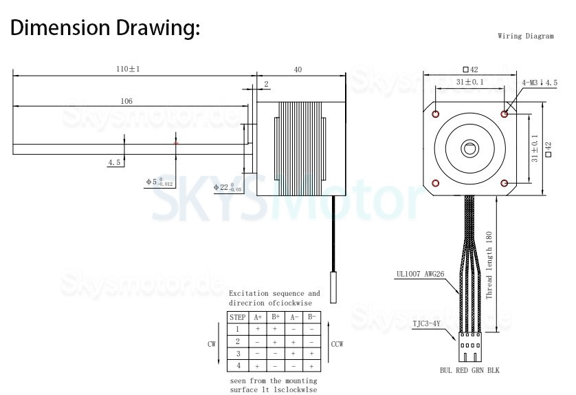 Oukeda Nema 17 Non-captive Schrittmotor OK42FD40104A-110B 1,8 Grad 49Ncm Hublänge 110mm
