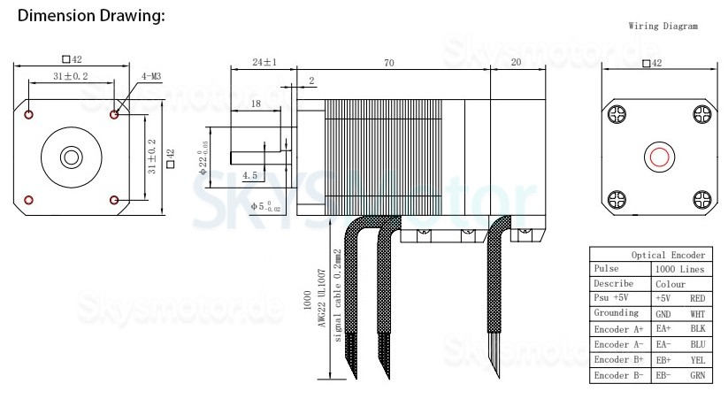Oukeda Nema 17 Closed Loop Schrittmotor OSP001492 mit optischem Encoder 3 Phasen 20Ncm 4V 64W 3000U/min 42x42 mm