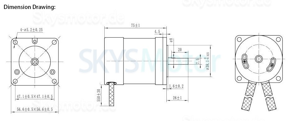 24V Bürstenlose DC Motor BLDC Motor OK57BLS75-230 2 Phasen 22Ncm 4A 3000U/min 57x57mm
