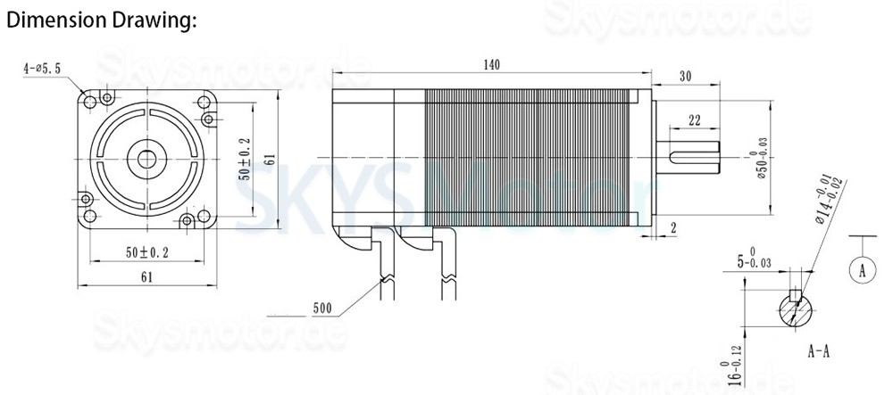 200W 24V Bürstenlose DC Motor OK60BL140-215-30J5 127Ncm 1800U/min 3 Phasen 61X61mm Passfedernut